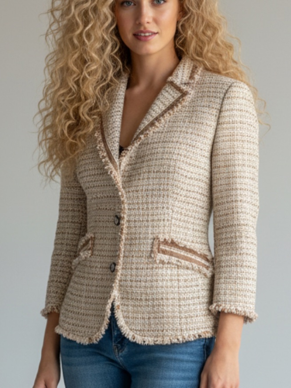 The Limited Cream Tweed Frayed-Edge Blazer with Brown Trim
